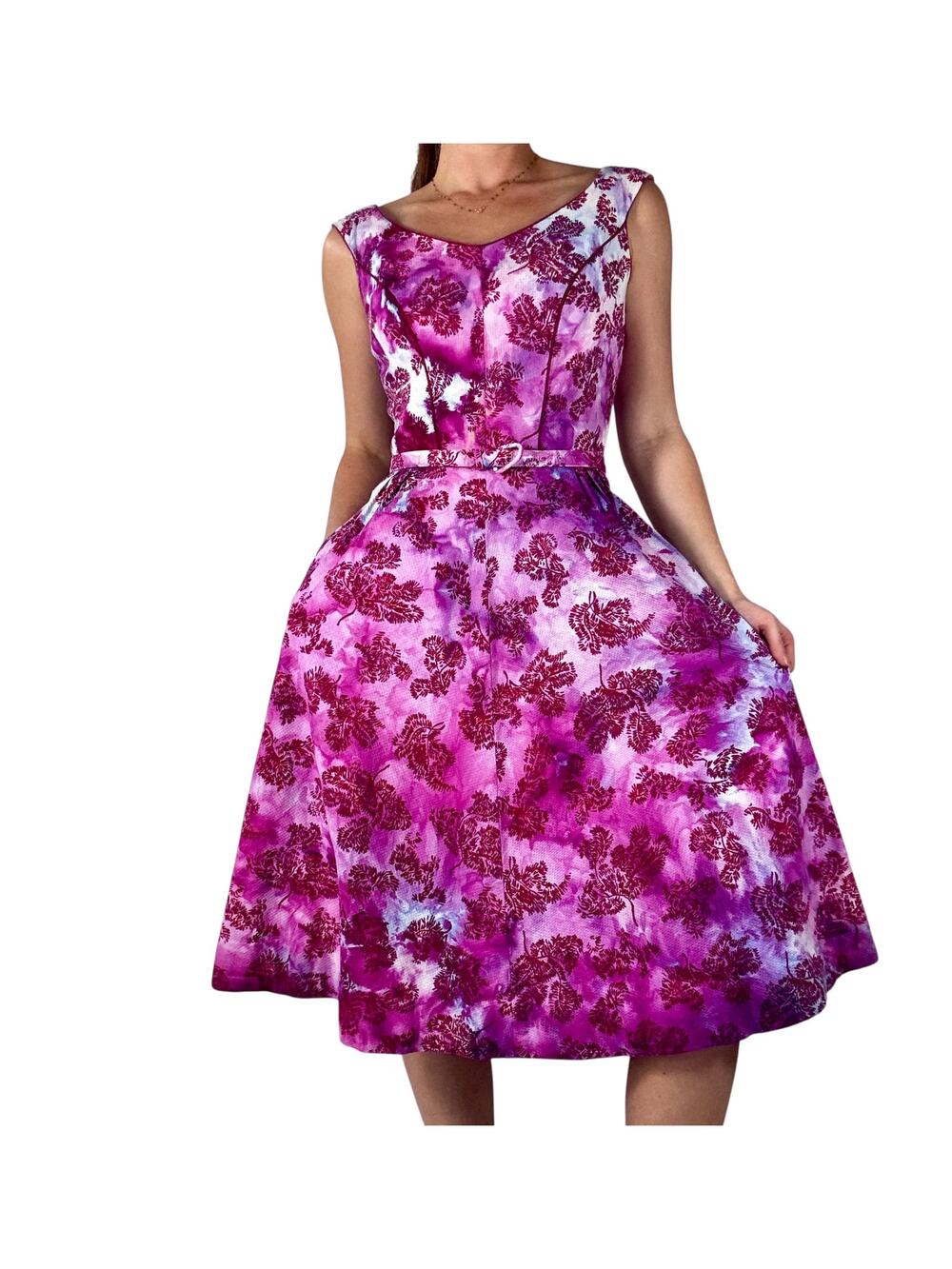 Vintage 1950s Fit & Flare Floral Dress Pink Purple Ice Dye Reworked Cotton Small